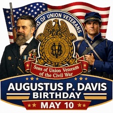 Commemorative graphic honoring General Ulysses S. Grant featuring the Sons of Union Veterans of the Civil War emblem, portraits of Grant and a Union soldier, an American flag backdrop, and the text “General Ulysses S. Grant’s Birthday – April 27.”