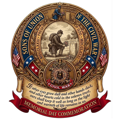 Memorial Day commemorative artwork for the Sons of Union Veterans of the Civil War featuring patriotic Civil War memorial imagery and American flags.