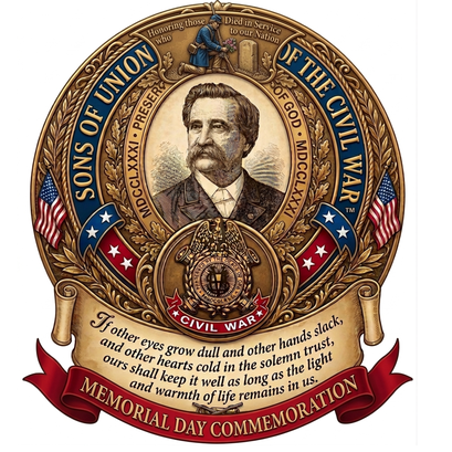 Memorial Day commemorative artwork for the Sons of Union Veterans of the Civil War featuring patriotic Civil War memorial imagery and American flags.