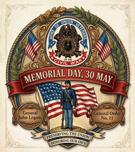Memorial Day commemorative artwork for the Sons of Union Veterans of the Civil War featuring patriotic Civil War memorial imagery and American flags.