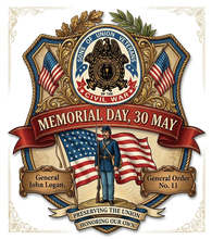 Memorial Day commemorative artwork for the Sons of Union Veterans of the Civil War featuring patriotic Civil War memorial imagery and American flags.
