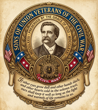 Memorial Day commemorative artwork for the Sons of Union Veterans of the Civil War featuring patriotic Civil War memorial imagery and American flags.