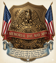 Memorial Day commemorative artwork for the Sons of Union Veterans of the Civil War featuring patriotic Civil War memorial imagery and American flags.