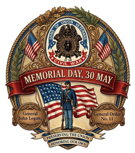 Memorial Day commemorative artwork for the Sons of Union Veterans of the Civil War featuring patriotic Civil War memorial imagery and American flags.