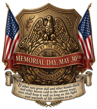 Memorial Day commemorative artwork for the Sons of Union Veterans of the Civil War featuring patriotic Civil War memorial imagery and American flags.