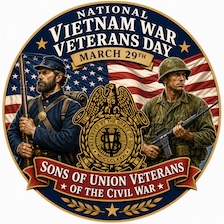 Circular National Vietnam War Veterans Day emblem featuring Civil War and Vietnam-era soldiers, the Sons of Union Veterans of the Civil War insignia, patriotic imagery, and the text “March 29th.”