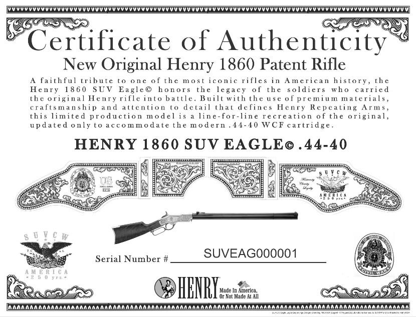 Certificate of Authenticity for the New Original Henry 1860 Rifle