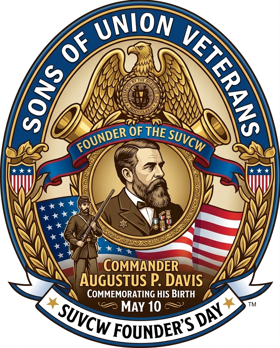 Decorative Sons of Union Veterans of the Civil War Founder’s Day emblem featuring Commander Augustus P. Davis, patriotic Civil War imagery, American flags, and the text “Commemorating His Birth – May 10.”