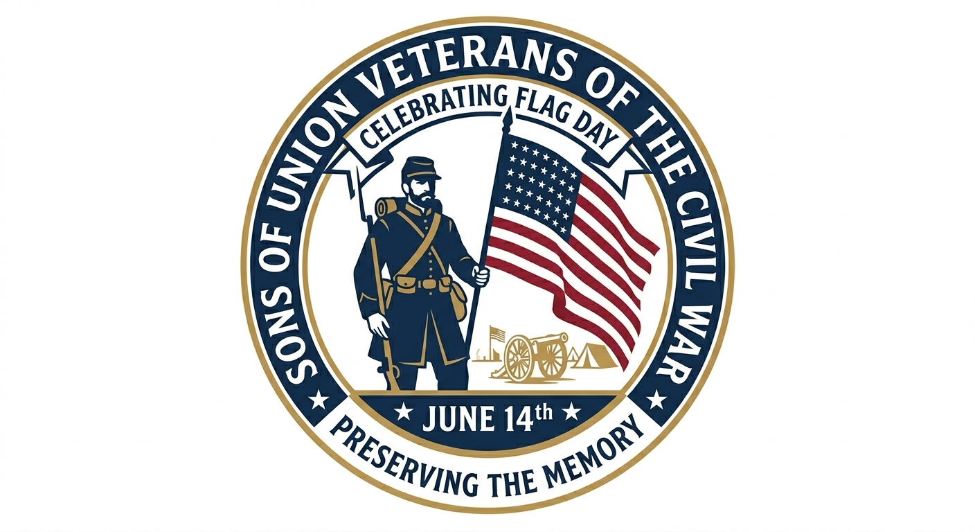 SUVCW Flag Day commemorative logo with Union soldier and American flag