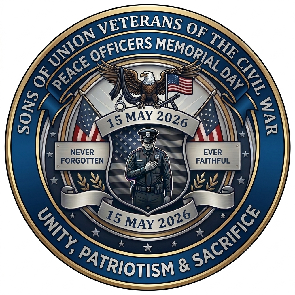 Peace Officers Memorial Day commemorative emblem featuring the Sons of Union Veterans of the Civil War, patriotic imagery, American flags, a memorial police officer illustration, and the text “Never Forgotten, Ever Faithful – 15 May 2026.”