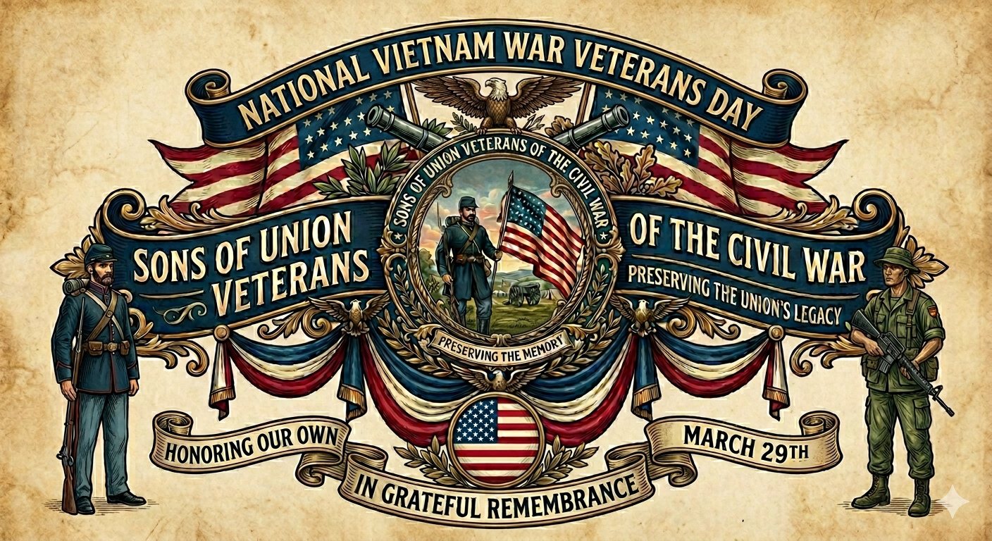 Vintage-style National Vietnam War Veterans Day commemorative graphic featuring patriotic banners, Civil War and Vietnam-era soldiers, American flags, and Sons of Union Veterans of the Civil War imagery honoring veterans on March 29th.